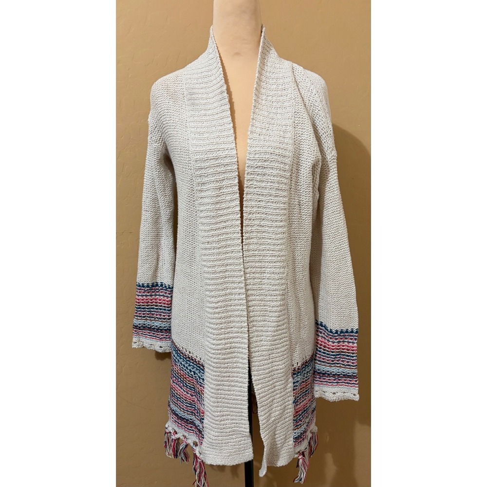 Roxy M Cream Knit Open Front Long Cardigan Fringe Tassel Boho Sweater